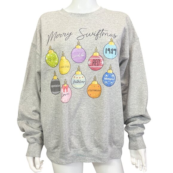Gildan Unisex Merry Swiftmas Graphic Heather Gray Crewneck Sweatshirt Large Cott - Picture 1 of 6